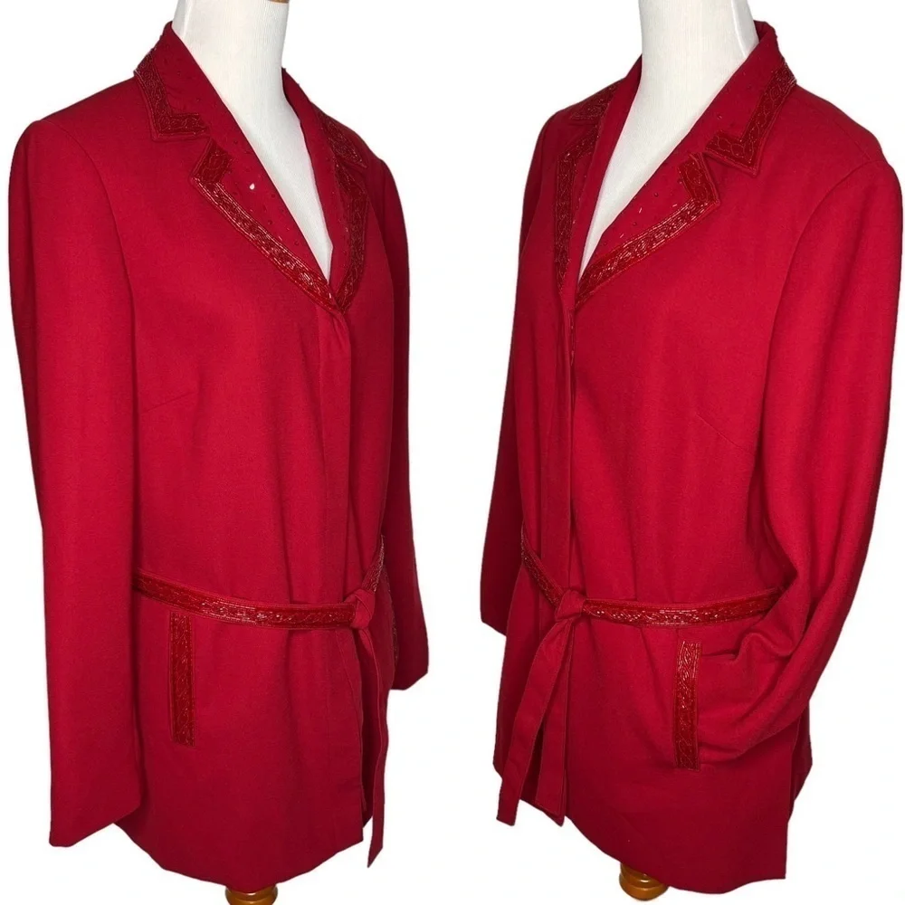Vintage Emily… Embellished Trim Long Belted Blazer Red Sz 16 Notch Lapel Button